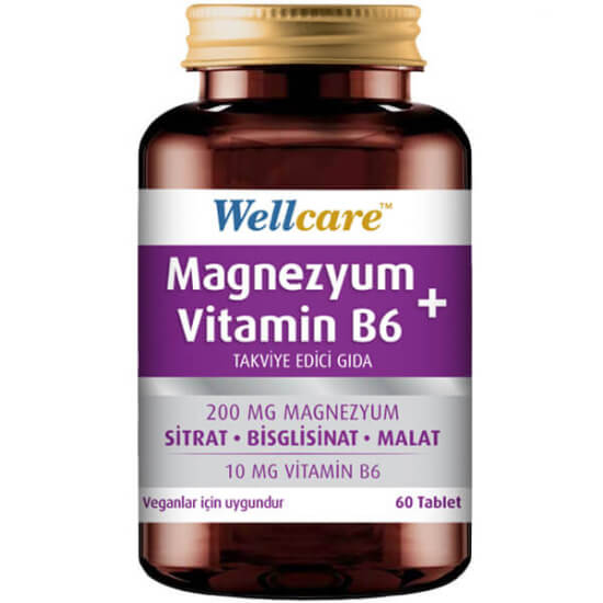 Wellcare Magnezyum Vitamin B6 60 tablet 200 mg magnezyum sitrat malat bisglisinat 10 mg B6 vegan glütensiz- 1