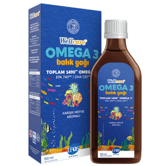 Wellcare Omega 3 Fish Oil 150 ml karışık meyve aromalı sıvı balık yağı 2,5 ml’de 745 mg omega 3 370 mg EPA 260 mg DHA- 1