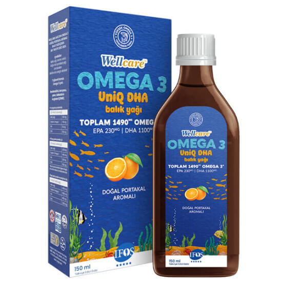 Wellcare Omega 3 Uniq Fish Oil 150 ml portakal aromalı sıvı balık yağı, Omega 3 745 mg EPA 115 mg DHA 550 mg- 1