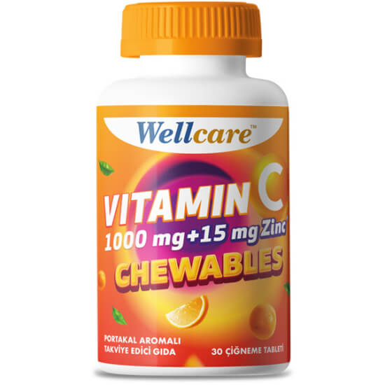Wellcare Vitamin C ve Çinko 30 çiğneme tableti 500 mg C vitamini 7,5 mg çinko vegan renklendirici koruyucu içermez- 1