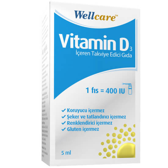 Wellcare Vitamin D3 400 IU 5 ml sprey şişe kutu, 1 fısta 400 IU D3, ağıza püskürtme veya damla kullanım- 1