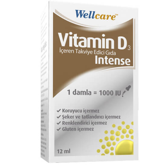 Wellcare Vitamin D3 Intense 1000 IU D3 vitamini damla 12 ml oral gıda takviyesi renklendirici tatlandırıcı koruyucu içermez- 1