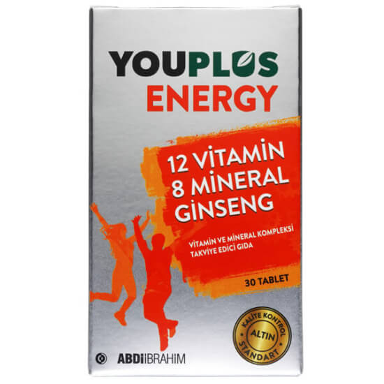 Youplus Energy vitamin mineral kompleksi 30 tablet C vitamini 160 mg kalsiyum 120 mg 12 vitamin 8 mineral ginseng- 1