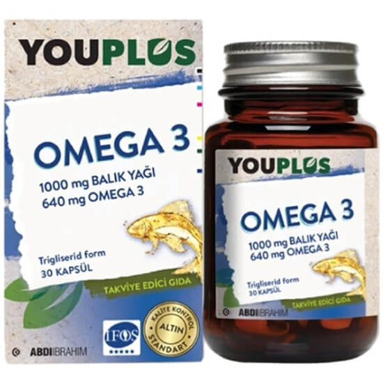 Youplus Omega 3 30 kapsül balık yağı takviyesi 640 mg Omega-3 320 mg EPA 230 mg DHA 2 mg Vitamin E- 1