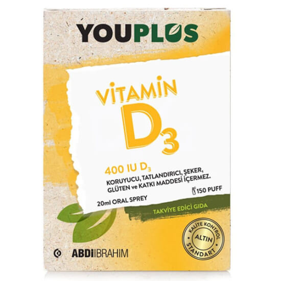 Youplus Vitamin D3 400 IU oral sprey 20 ml, 1 puf 10 µg D3 vitamini içeren D vitamini takviyesi şişe kutu- 1