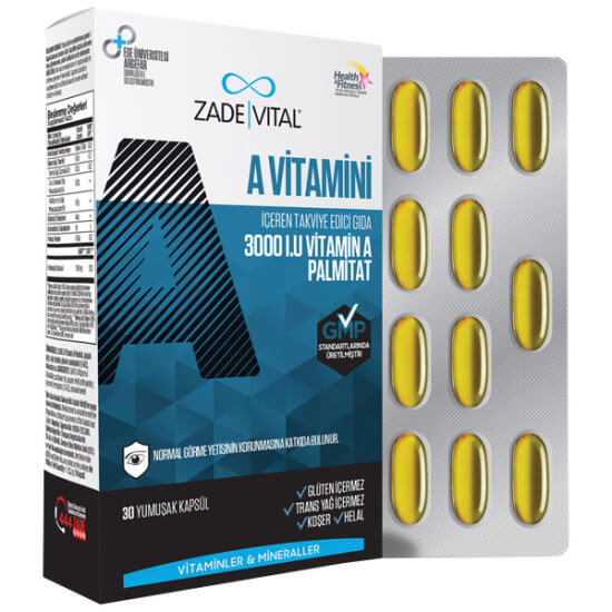 Zade Vital A Vitamini 30 kapsül takviye edici gıda kutusu, 1 kapsülde 900 mcg A vitamini, helal üretim, trans yağ içermez- 1