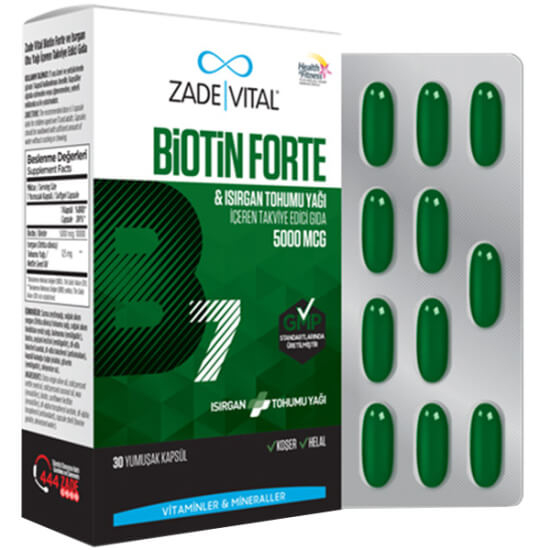 Zade Vital Biotin Forte 5000 mcg 30 kapsül, 125 mg ısırgan tohumu yağı içeren biotin takviye kapsül kutusu- 1