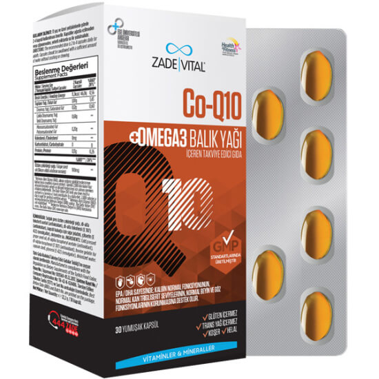 Zade Vital Co Q10 Omega3 balık yağı 1000 mg 30 yumuşak kapsül, Koenzim Q10 100 mg, EPA 324 mg, DHA 216 mg- 1