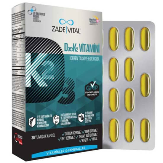 Zade Vital D3 K2 Vitamini 30 yumuşak kapsül, kapsül başı 25 mcg D3 1000 IU ve 100 mcg K2 içeren takviye- 1