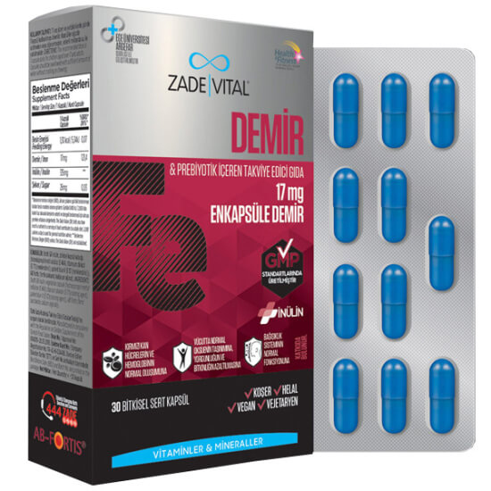 Zade Vital Demir 30 kapsül gıda takviyesi kutusu, 1 kapsülde 17 mg demir ve 335 mg inülin, günde 1 kapsül- 1