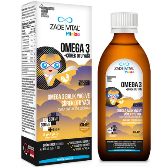 Zade Vital Miniza Omega 3 Çörek Otu Yağı 150 ml şurup 5 ml 950 mg omega 3 500 mg DHA 300 mg EPA 1000 mg çörek otu yağı- 1