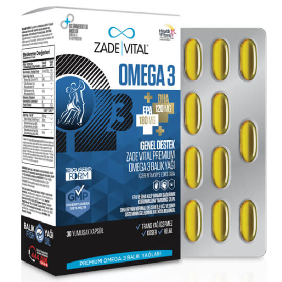 Zade Vital Omega 3 Balık Yağı Premium 45 kapsül yumuşak kapsül 2 kapsülde 1000 mg balık yağı EPA 180 DHA 120- 1