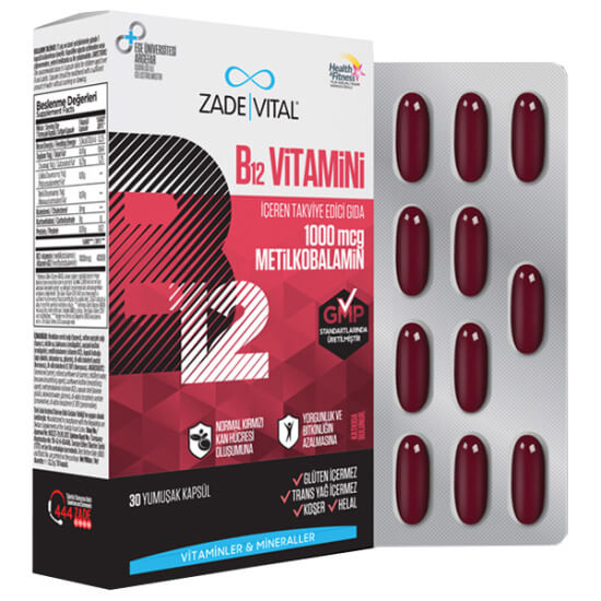 Zade Vital Vitamin B12 1000 mcg metilkobalamin 30 yumuşak kapsül gıda takviyesi kutu ürünü- 1
