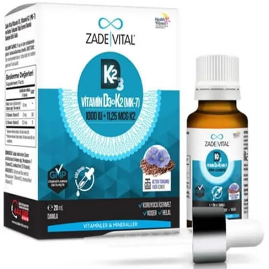 Zade Vital Vitamin D3 K2 1000 IU damla 20 ml şişe 1 damlada D3 25 mcg 1000 IU K2 11,25 mcg keten tohumu yağı- 1